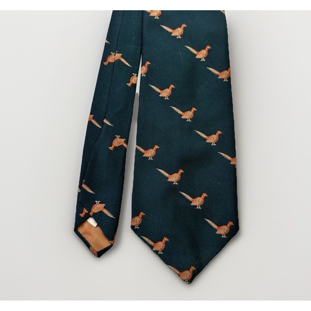 Vintage Pheasant Print Tie The Wardrobe Flourtown Green Polyester 60s/70s